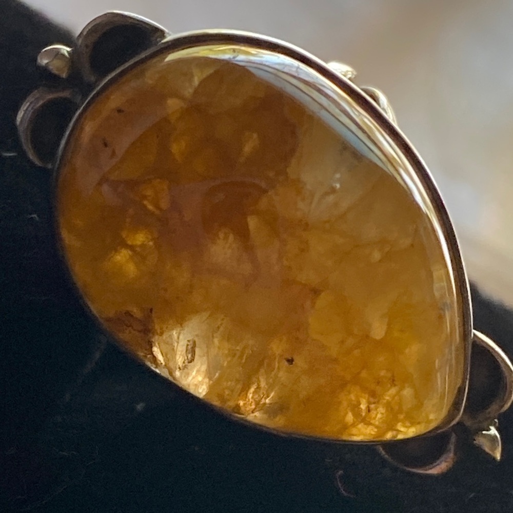 Large Golden Rutilated Quartz Ring 925 Sterling Silver Size 7 Statement Cabochon